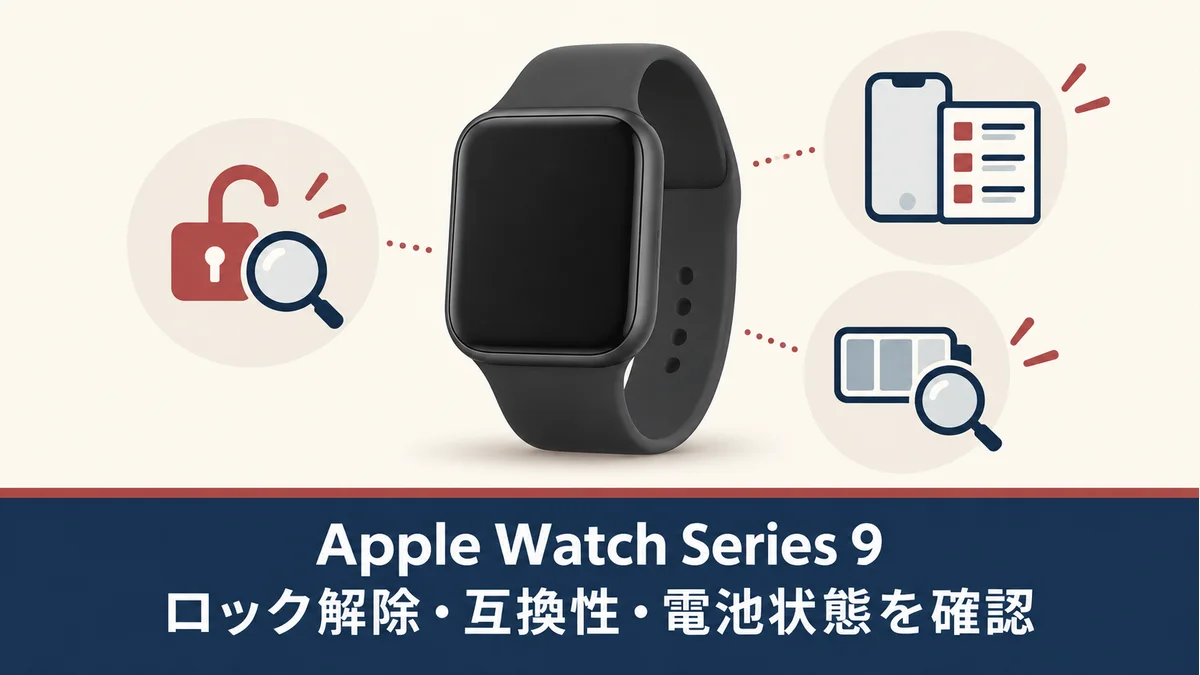 Apple Watch Series 9の中古購入前にロック解除・iPhoneとの互換性・電池状態を確認する、実物や同梱品を示さない一般化したスマートウォッチのイメージ図