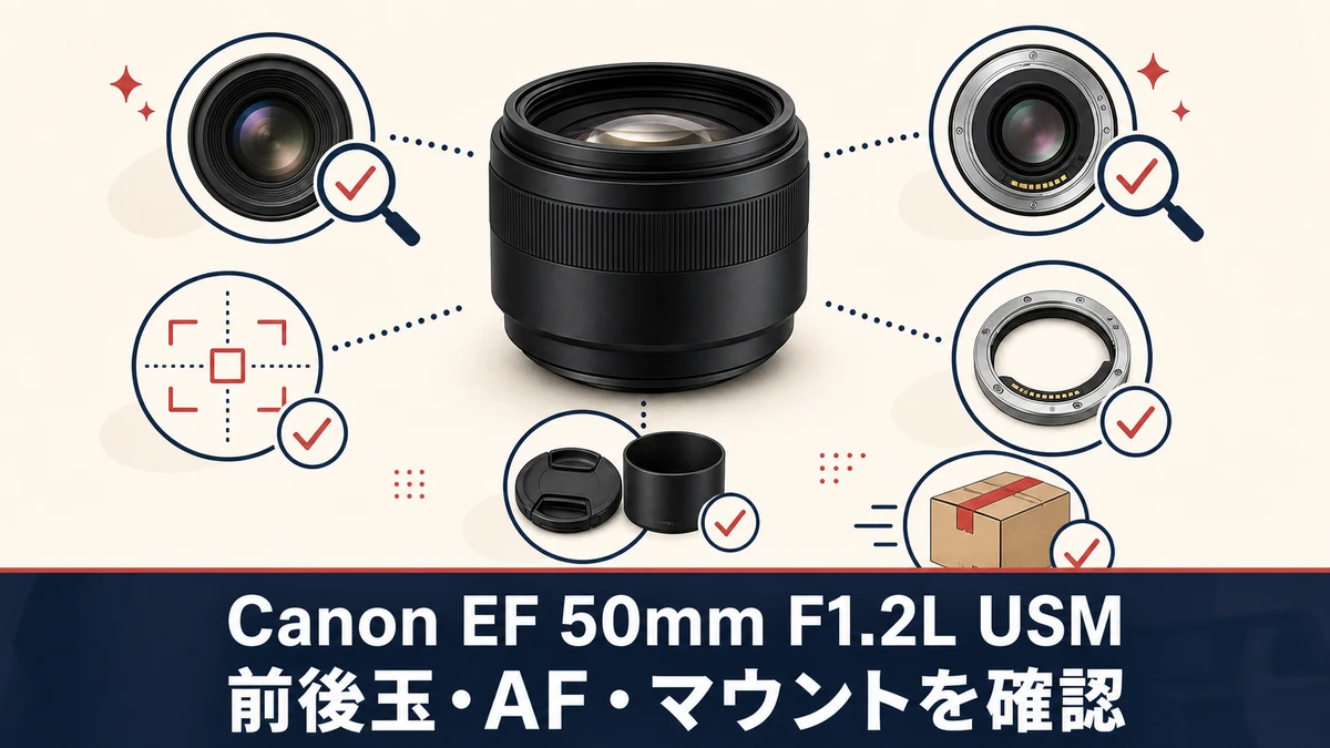 Canon EF50mm F1.2L USMの中古購入前に前後玉・AF・マウントを確認する、実物や付属品一式を示さない一般化したレンズのイメージ図