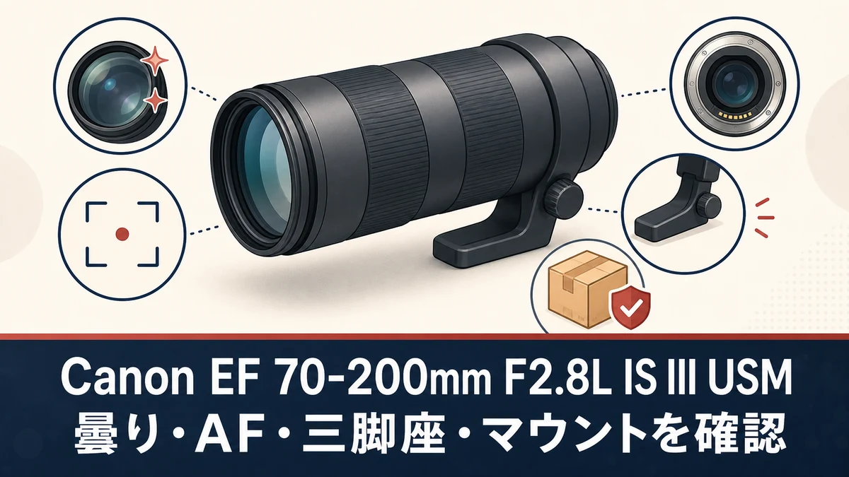 Canon EF70-200mm F2.8L IS III USMの中古購入前に曇り・AF・三脚座・マウントを確認する、実物ではない一般化したレンズのイメージ図