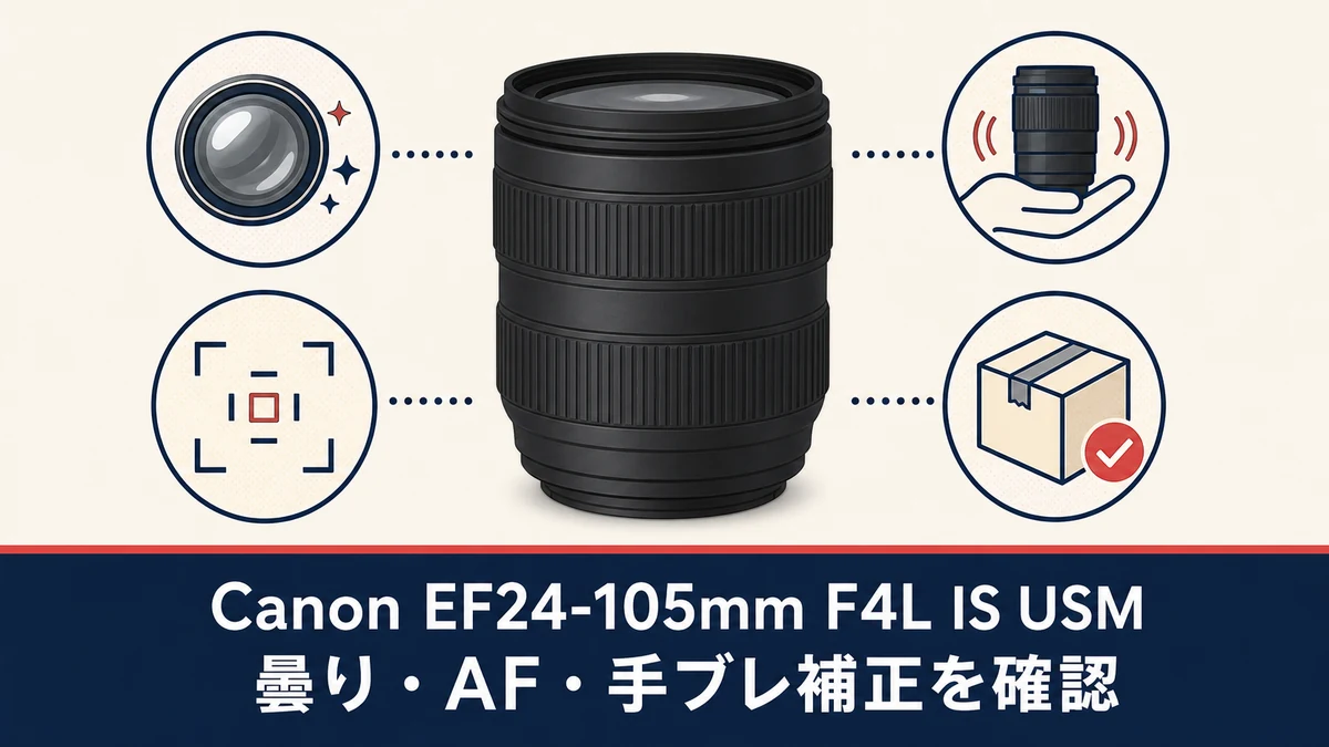 Canon EF24-105mm F4L IS USMの中古購入で曇り・AF・手ブレ補正を確認する一般化したレンズのイメージ図