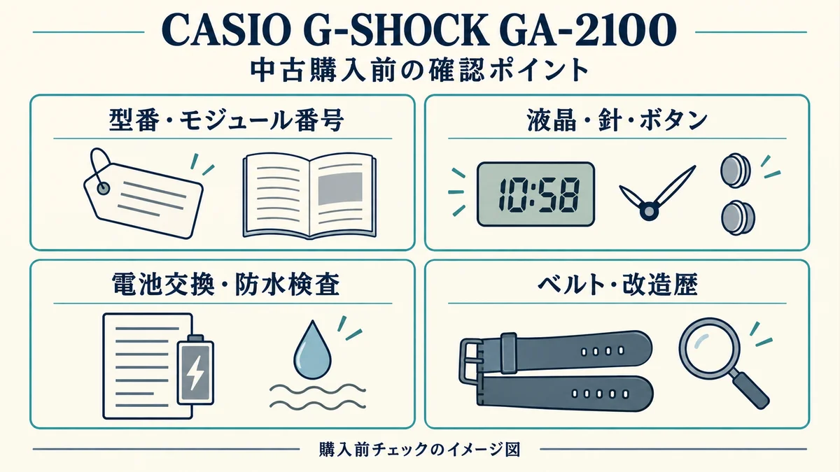 GA-2100の中古購入前に型番・モジュール番号、液晶・針・ボタン、電池交換・防水検査、ベルト・改造歴を確認するチェック図