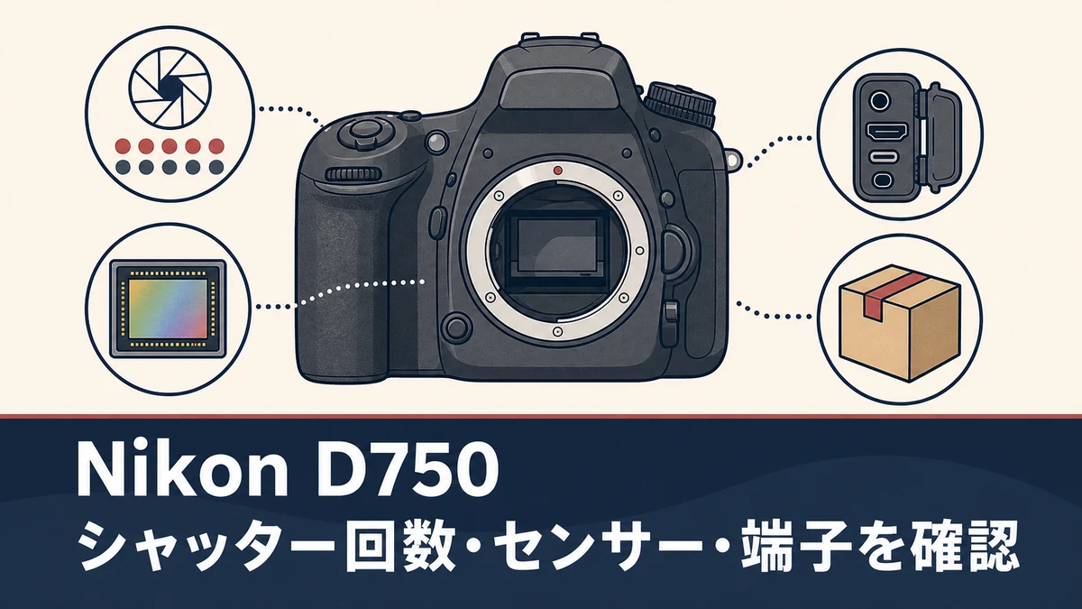 Nikon D750の中古購入でシャッター回数・センサー・端子を確認する一般化した一眼レフカメラのイメージ図