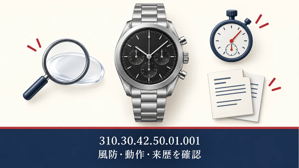 310.30.42.50.01.001の中古購入前に風防・動作・来歴を確認する、実物仕様や真贋・動作確認済み状態を示さない一般化したクロノグラフのイメージ図