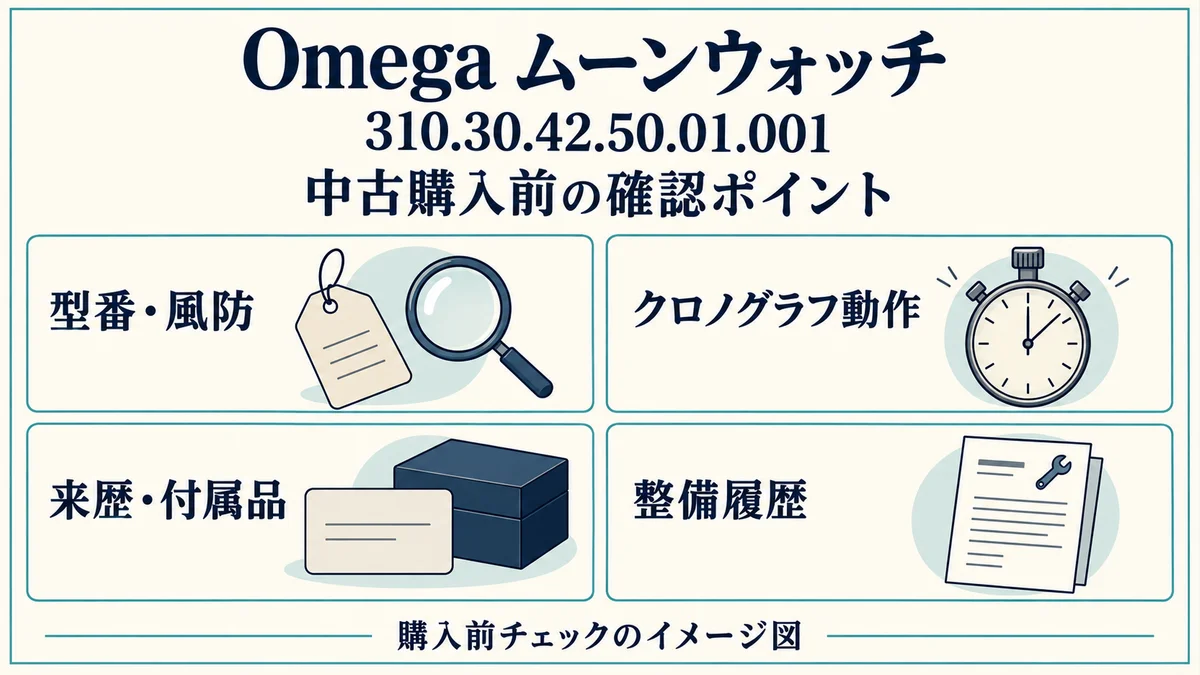 310.30.42.50.01.001の中古購入前に型番・風防、クロノグラフ動作、来歴・付属品、整備履歴を確認するチェック図