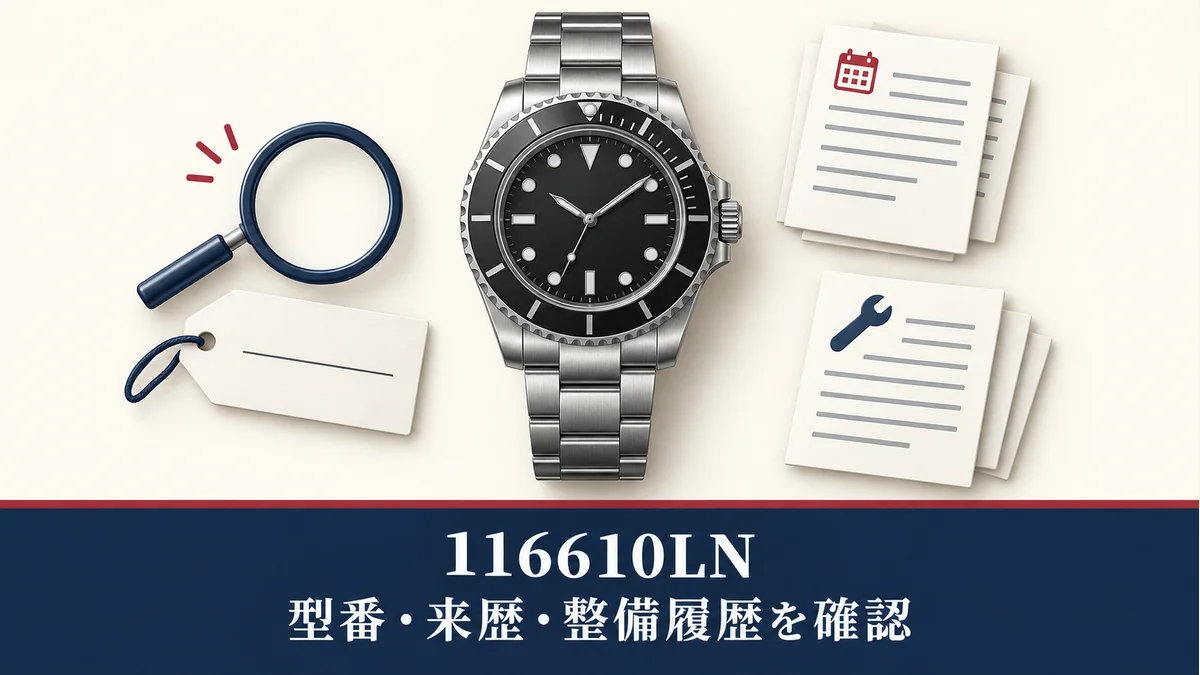 116610LNの中古購入前に型番・来歴・整備履歴を確認する、実物形状や真贋・整備済み状態を示さない一般化した腕時計のイメージ図