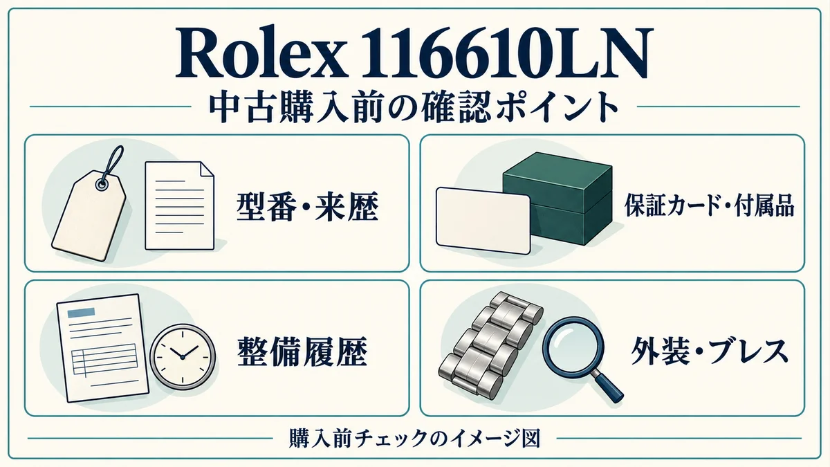 116610LNの中古購入前に型番・来歴、保証カード・付属品、整備履歴、外装・ブレスを確認するチェック図