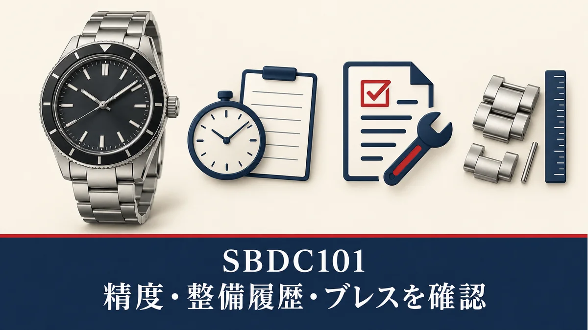 SBDC101の中古購入前に精度・整備履歴・ブレスを確認する、実物形状や検査済み状態を示さない一般化した腕時計のイメージ図