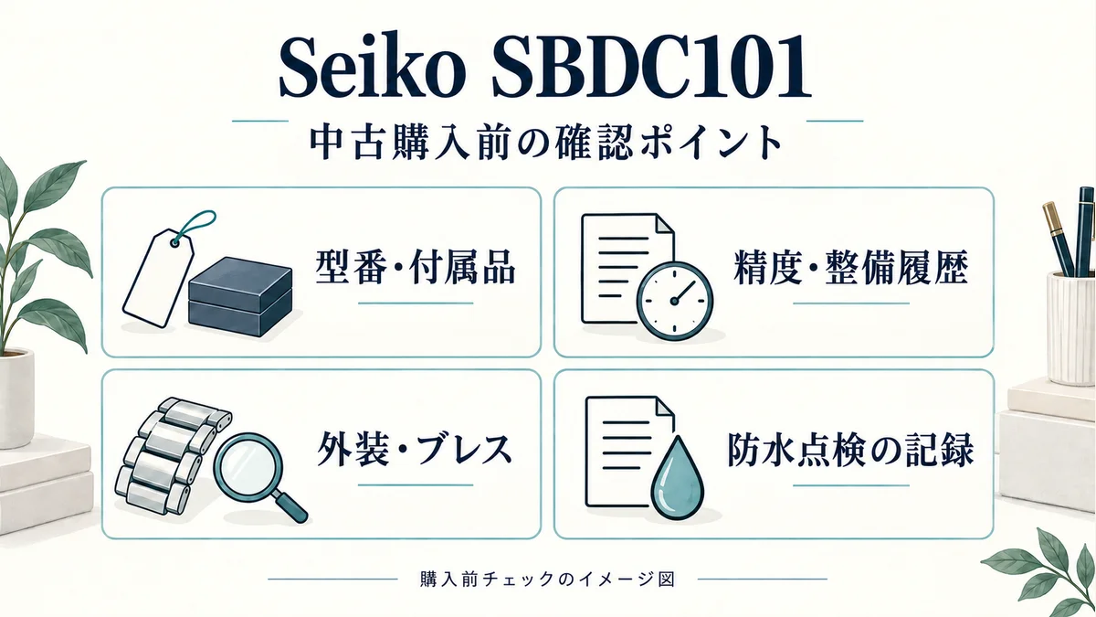 SBDC101の中古購入前に型番・付属品、精度・整備履歴、外装・ブレス、防水点検の記録を確認するチェック図