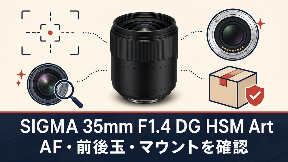 SIGMA 35mm F1.4 DG HSM Artの中古購入でAF・前後玉・マウントを確認する一般化したレンズのイメージ図