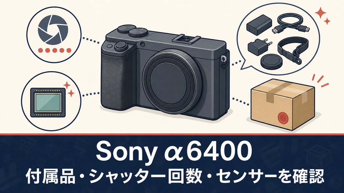 Sony α6400（ILCE-6400）の中古購入前に付属品・シャッター回数・センサーを確認する、実物や付属品一式を示さない一般化したカメラのイメージ図