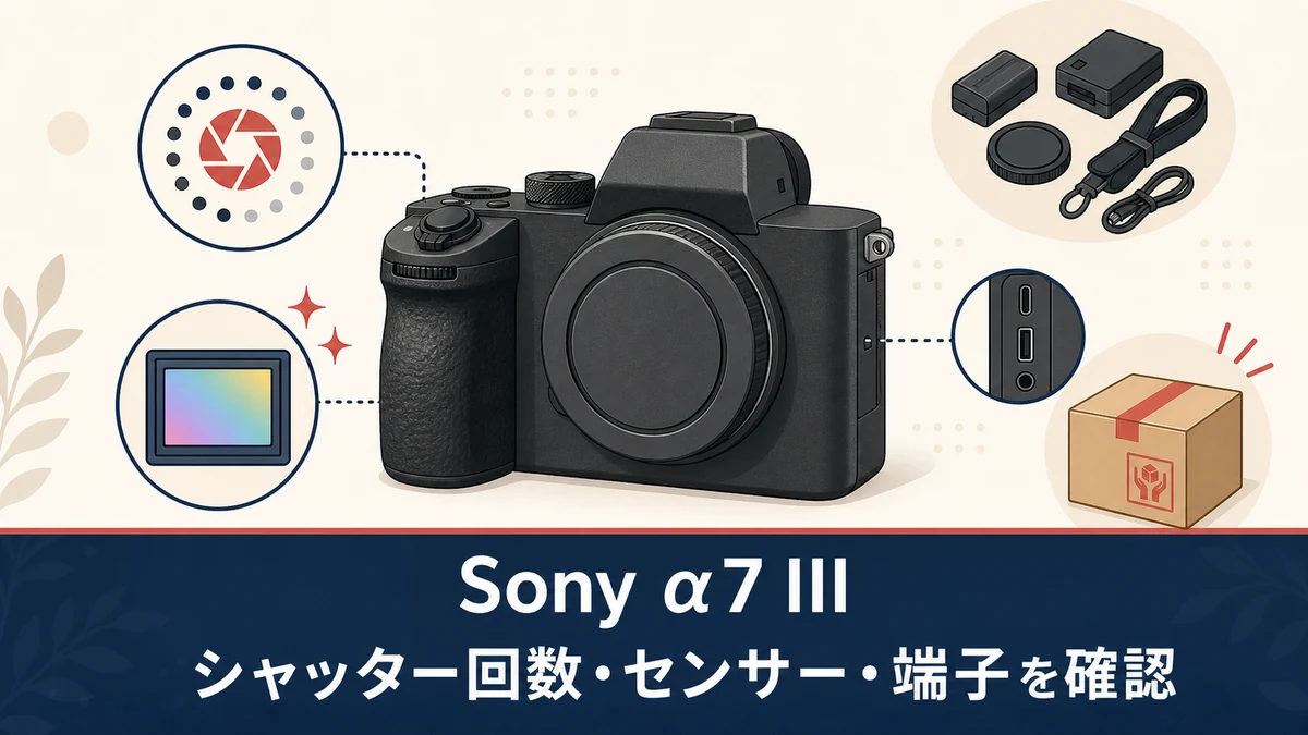 Sony α7 III（ILCE-7M3）の中古購入前にシャッター回数・センサー・端子を確認する、実物や付属品一式を示さない一般化したカメラのイメージ図