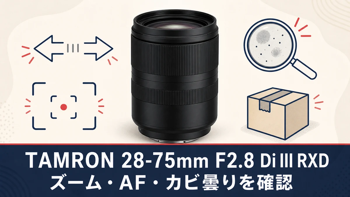 TAMRON 28-75mm F2.8 Di III RXDの中古購入でズーム・AF・カビ曇りを確認する一般化したレンズのイメージ図