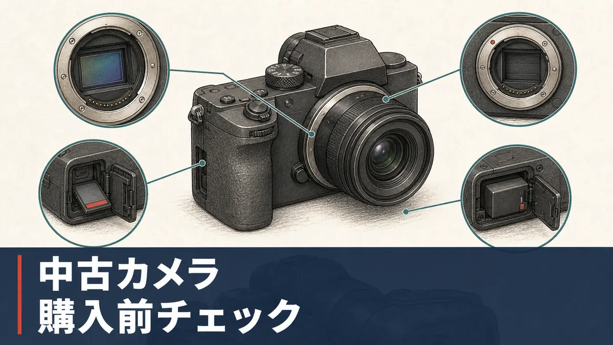 中古カメラ購入前にセンサー・マウント・カード室・バッテリー室を確認する図解