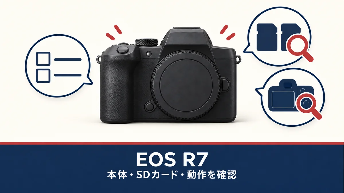 EOS R7の中古購入前に本体・SDカード・動作を確認する、実物の形状や同梱品を示さない一般化したカメラのイメージ図