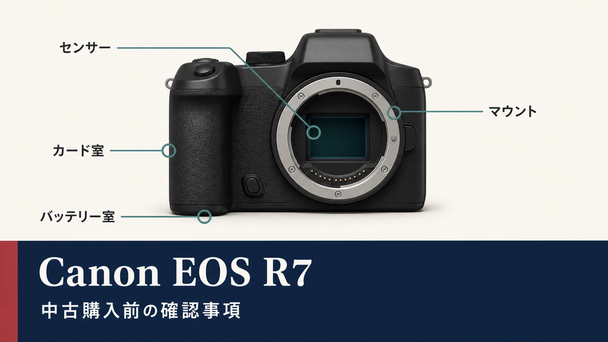 EOS R7を中古購入する前にセンサー・マウント・カード室・バッテリー室を確認する図解
