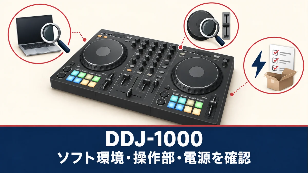 DDJ-1000の中古購入前にソフト環境・操作部・電源を確認する、実物の操作配置や同梱品を示さない一般化したDJコントローラーのイメージ図