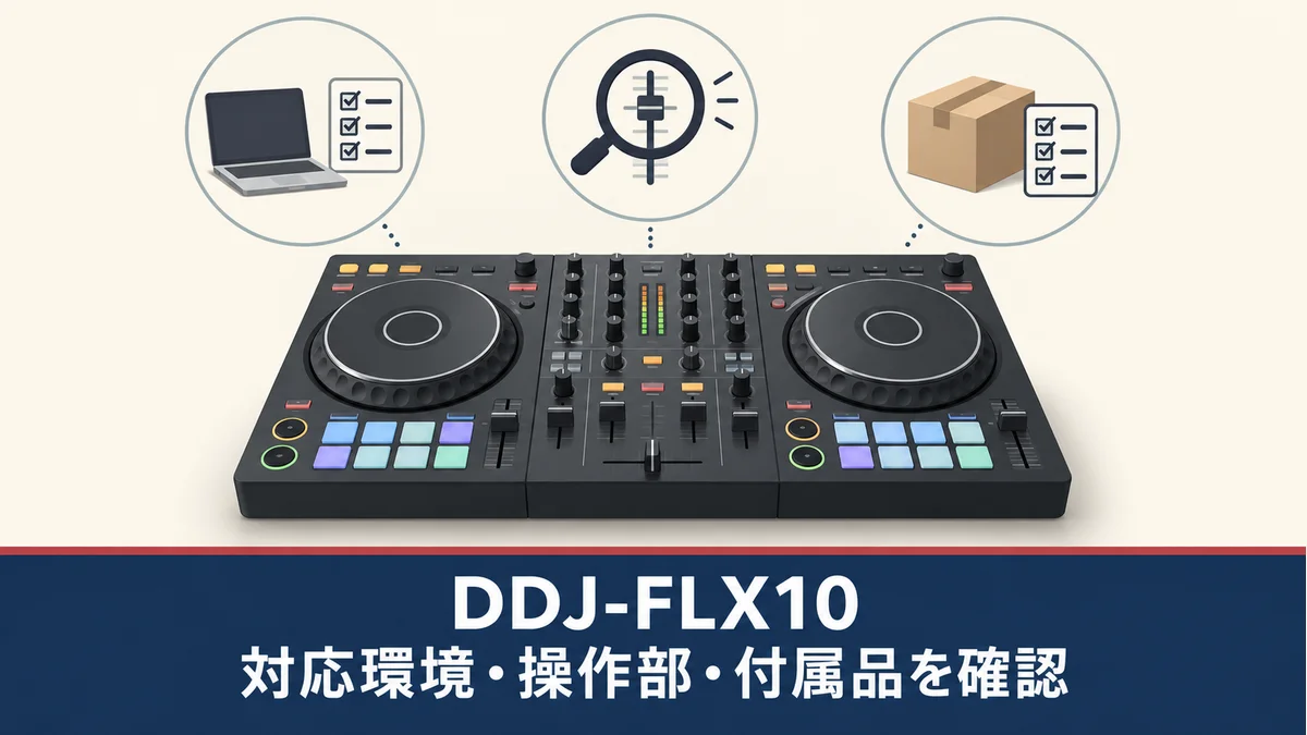 DDJ-FLX10の中古購入前に対応環境・操作部・付属品を確認する、実物の操作配置や同梱品を示さない一般化したDJコントローラーのイメージ図