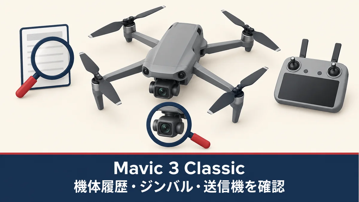 Mavic 3 Classicの中古購入前に機体履歴・ジンバル・送信機を確認する、実物の形状や付属品を示さない一般化したドローンのイメージ図