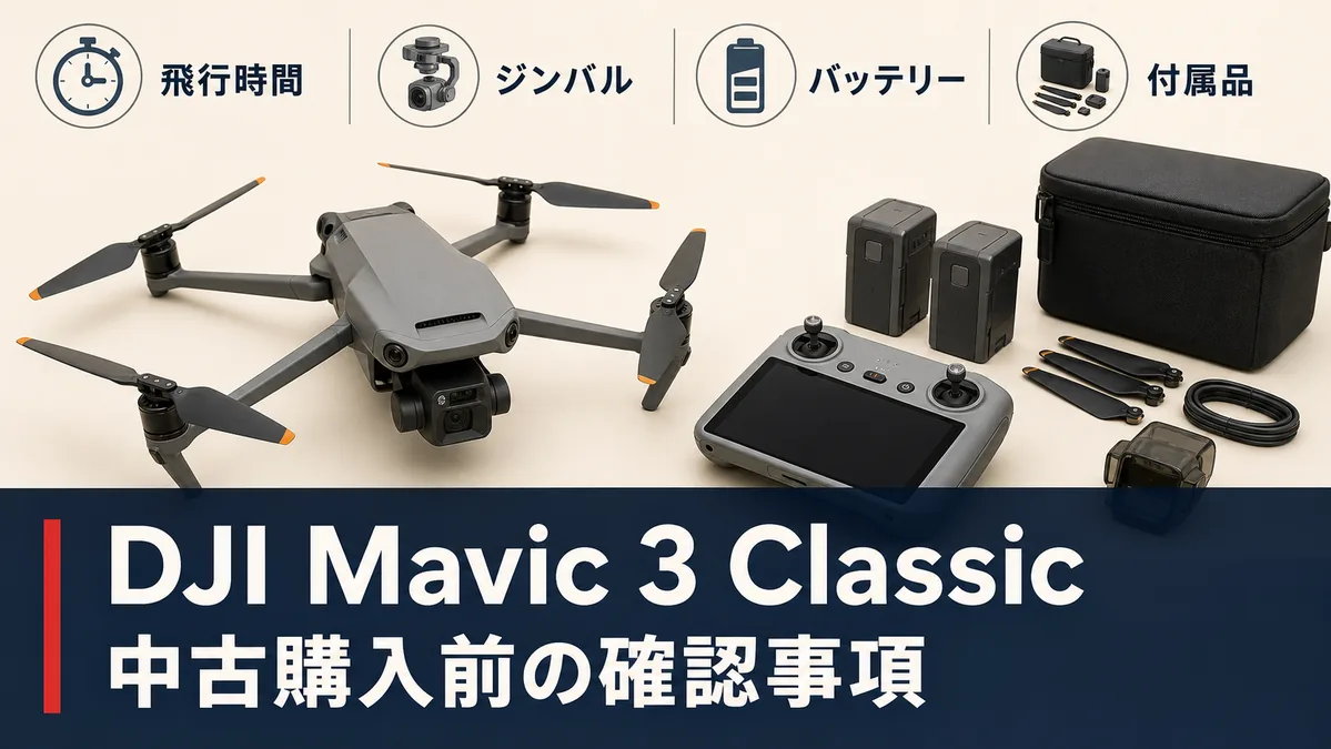 DJI Mavic 3 Classicを中古購入する前に飛行時間・ジンバル・バッテリー・付属品を確認する図解