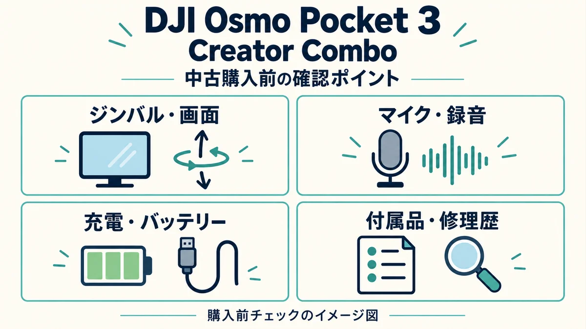 DJI Osmo Pocket 3 Creator Comboの中古購入前にジンバル・画面、マイク・録音、充電・バッテリー、付属品・修理歴を確認するチェック図