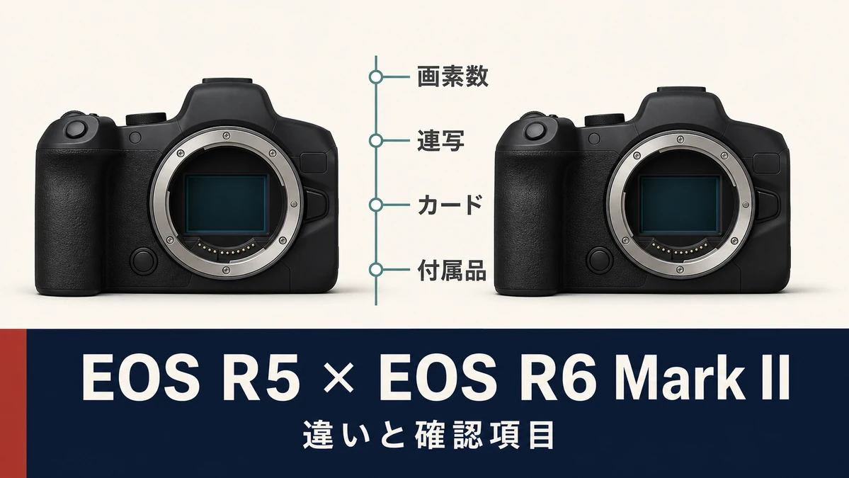 EOS R5とEOS R6 Mark IIを中古購入する前に画素数・連写・カード・付属品を比較する図解