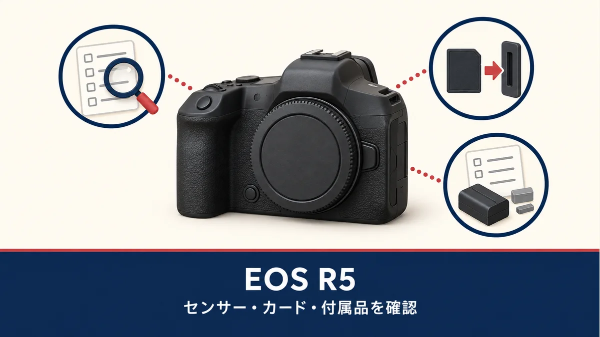 EOS R5の中古購入前にセンサー・カード・付属品を確認する、実物の形状や同梱品を示さない一般化したカメラのイメージ図