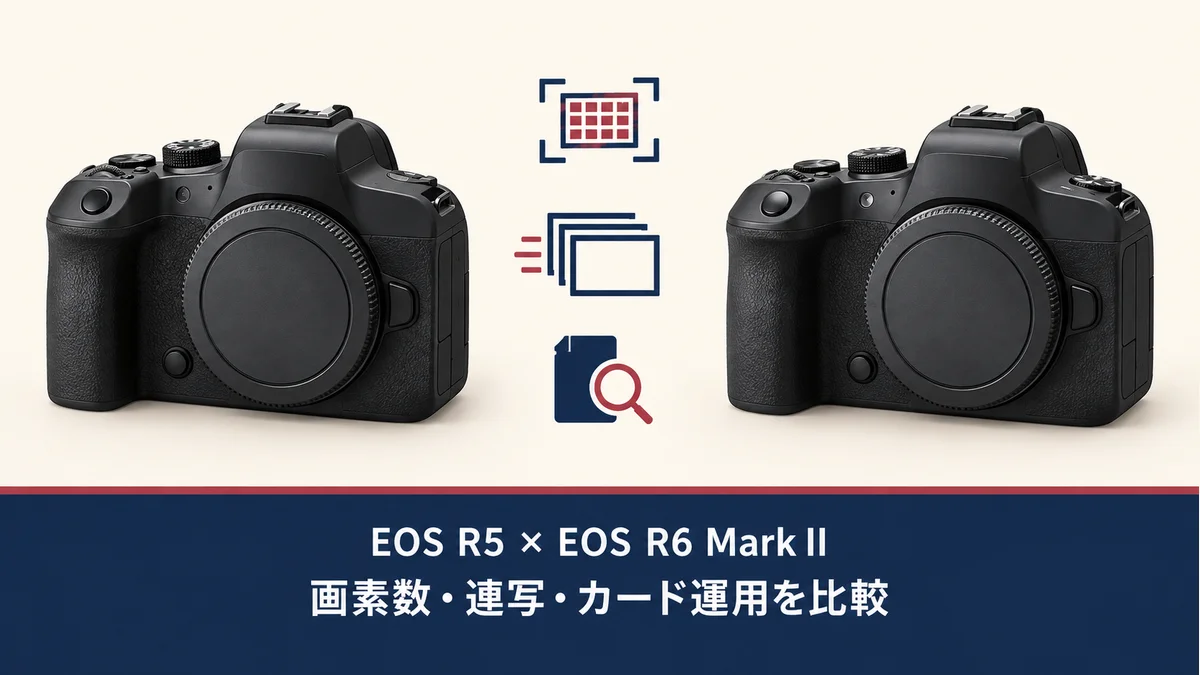 EOS R5とEOS R6 Mark IIの中古選びで画素数・連写・カード運用を比較する、実物の形状や同梱品の違いを示さない一般化したカメラのイメージ図