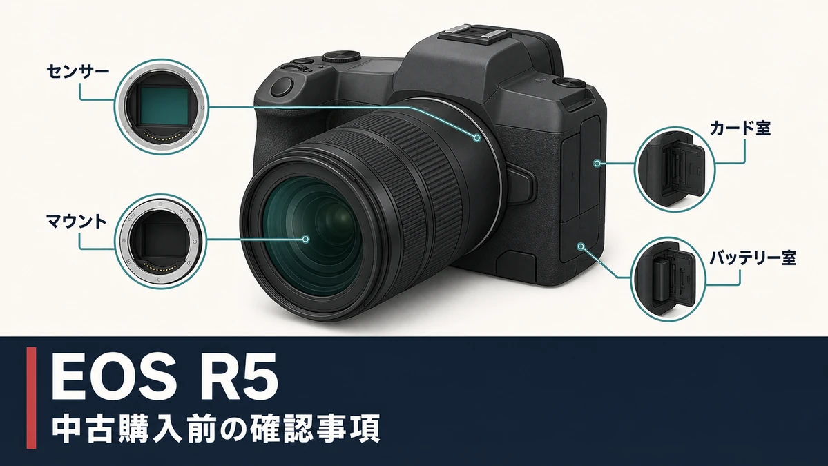 EOS R5を中古購入する前にセンサー・マウント・カード室・バッテリー室を確認する図解