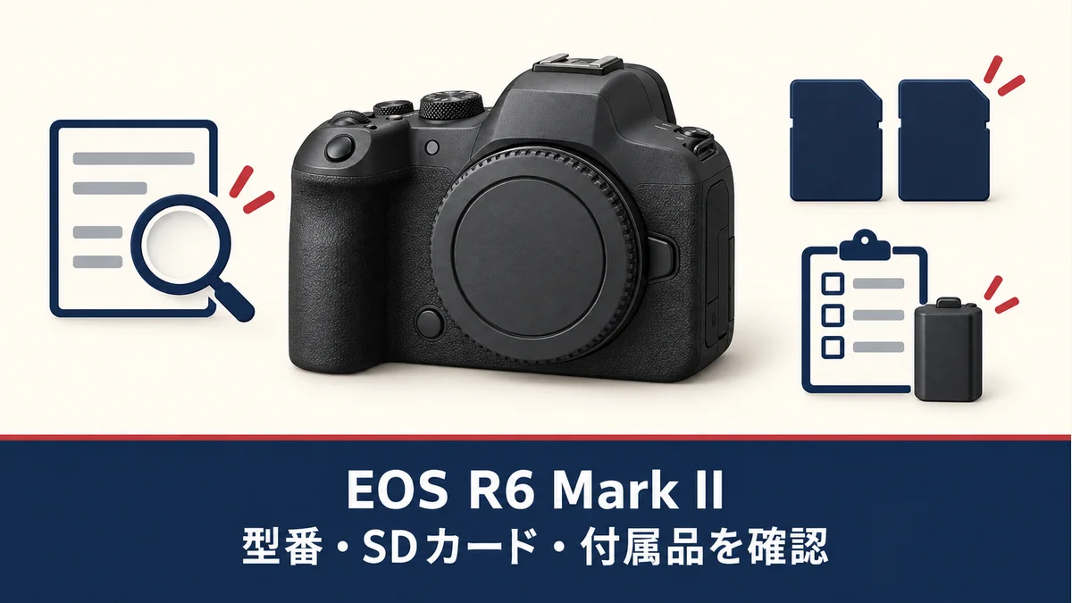 EOS R6 Mark IIの中古購入前に型番・SDカード・付属品を確認する、実物の形状や同梱品を示さない一般化したカメラのイメージ図