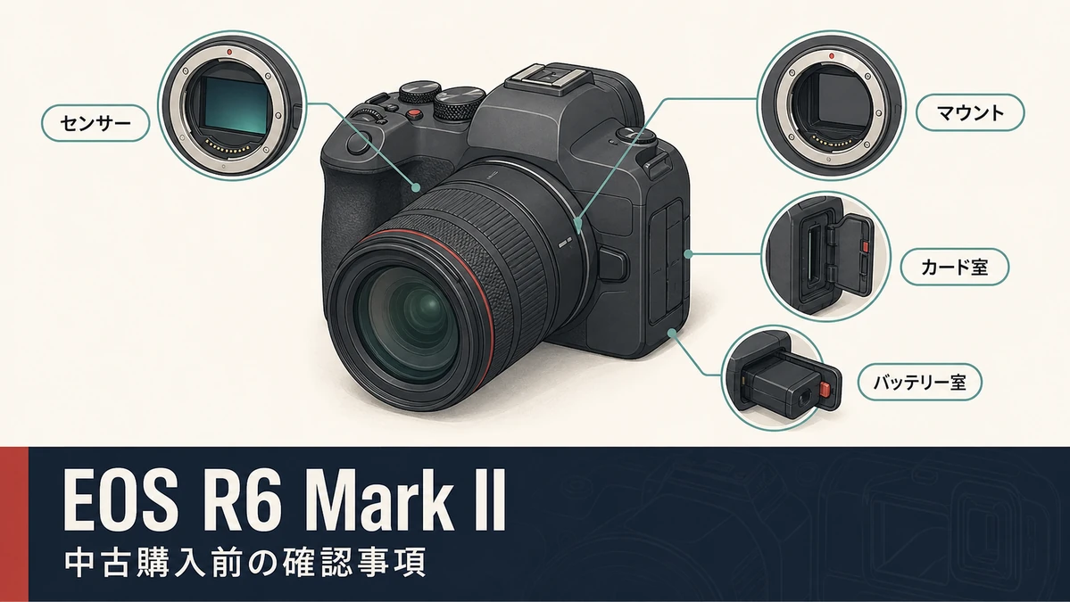 EOS R6 Mark IIを中古購入する前にセンサー・マウント・カード室・バッテリー室を確認する図解