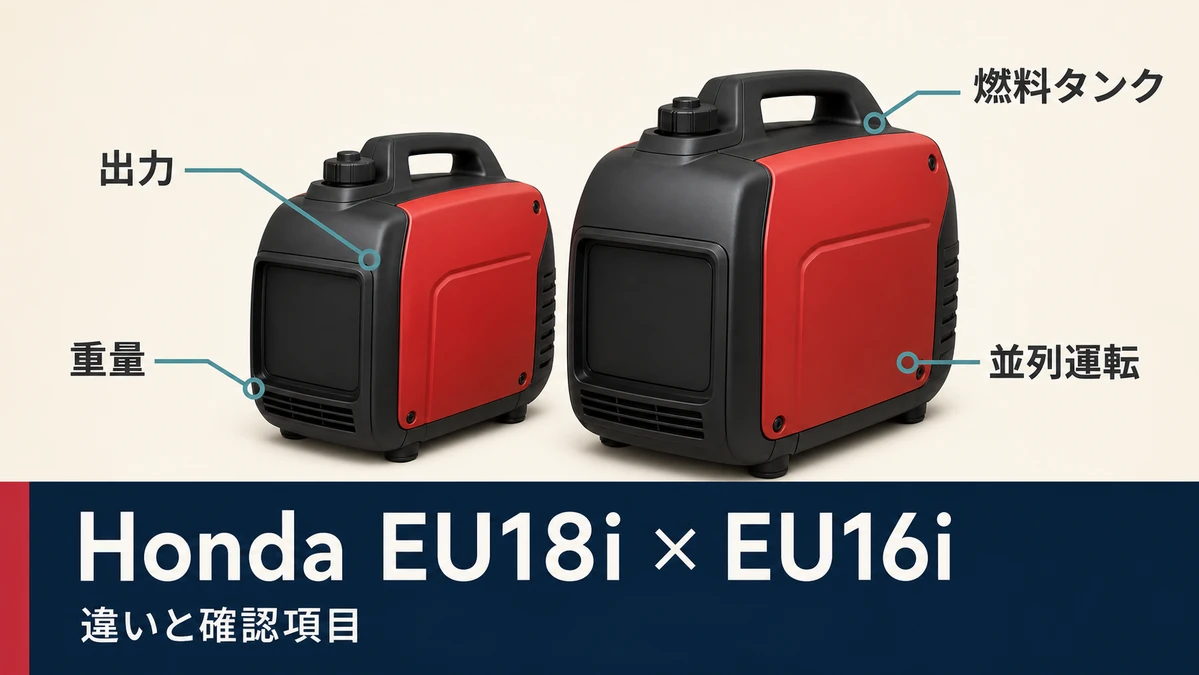 Honda EU18iとEU16iを中古購入する前に出力・重量・燃料タンク・並列運転を比較する図解