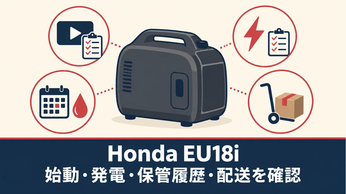Honda EU18iの中古購入前に始動・発電の確認資料、保管履歴、配送条件を確認する、実物の外観や操作方法を示さない一般化した発電機のイメージ図