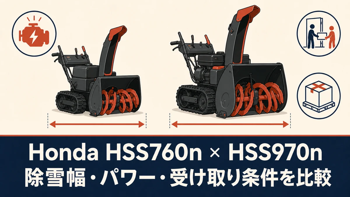 Honda HSS760nとHSS970nの中古選定で除雪幅・動力・受け取り条件を比較する、実物の外観や寸法比を示さない一般化した除雪機のイメージ図