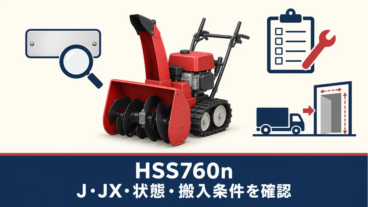 HSS760nの中古購入前にJ・JXの型式、状態、搬入条件を確認する、実物の装備や整備済み状態を示さない一般化した除雪機のイメージ図