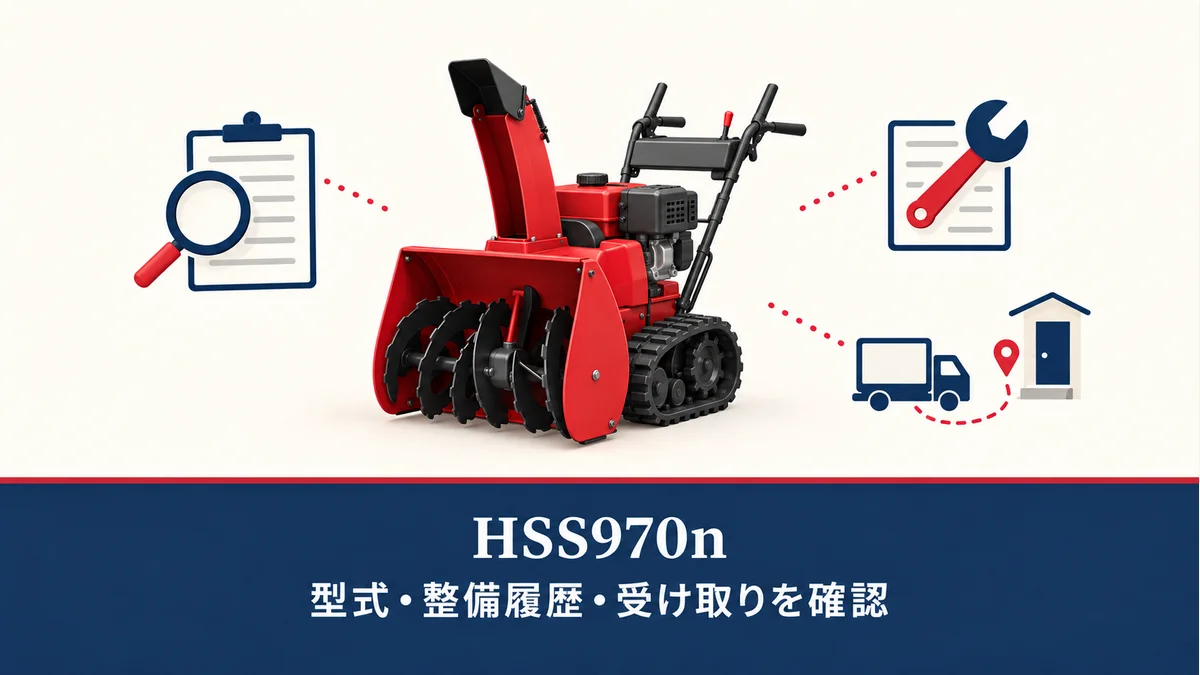 HSS970nの中古購入前に型式・整備履歴・受け取り条件を確認する、実物の形状や整備済み状態を示さない一般化した除雪機のイメージ図