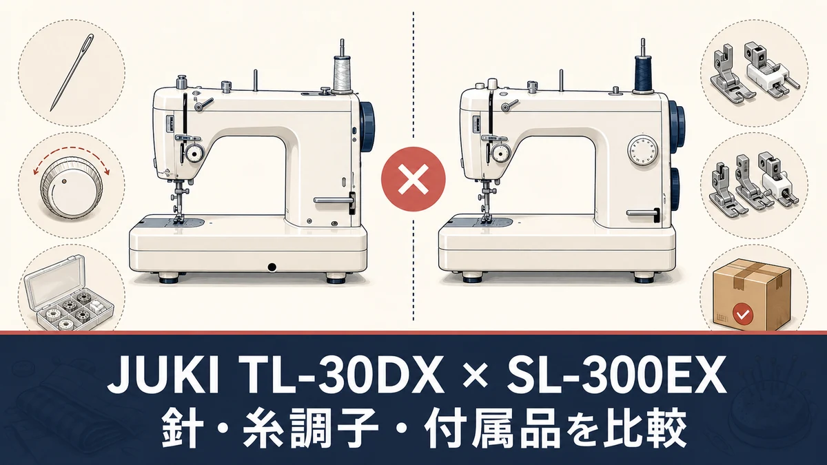 JUKI TL-30DXとSL-300EXの中古購入で針・糸調子・付属品を比較するイメージ図