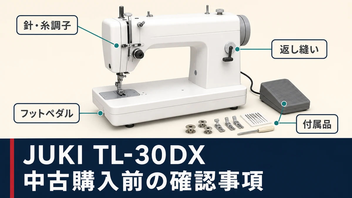 JUKI TL-30DXを中古購入する前に針・糸調子・フットペダル・返し縫い・付属品を確認する図解