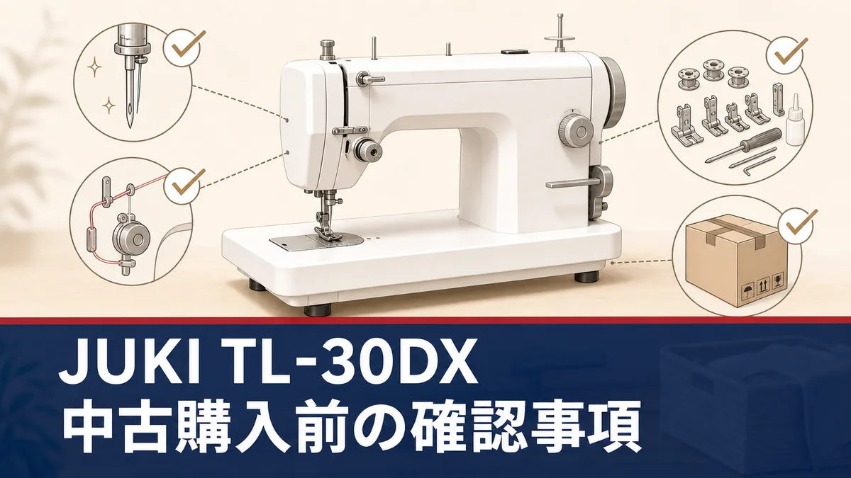 JUKI TL-30DXの中古購入前に針・糸調子・付属品・梱包を確認するイメージ図