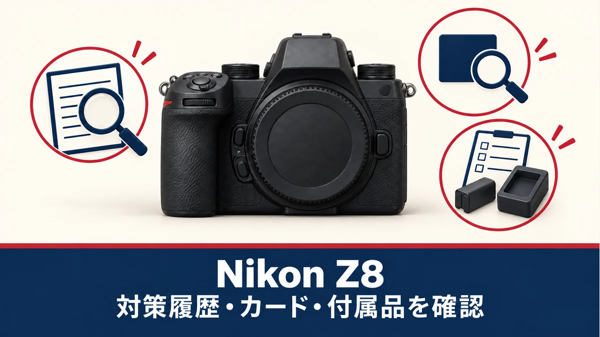 Nikon Z8の中古購入前に対策履歴・カード・付属品を確認する、実物の形状やカード規格を示さない一般化したカメラのイメージ図