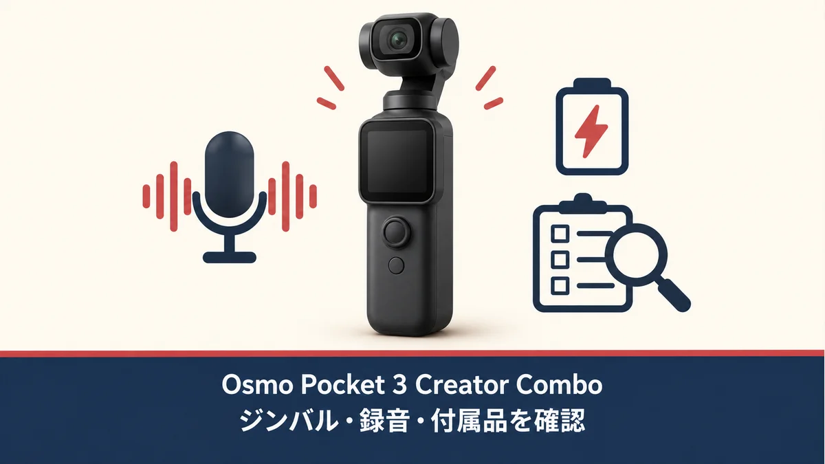 Osmo Pocket 3 Creator Comboの中古購入前にジンバル・録音・付属品を確認する、実物の形状や同梱品を示さない一般化したジンバルカメラのイメージ図
