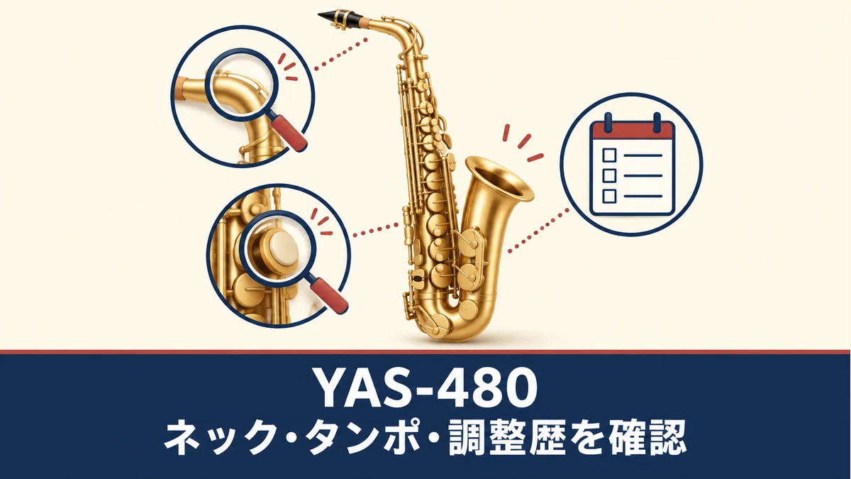 YAS-480の中古購入前にネック・タンポ・調整歴を確認する、実物のキー配置や状態を示さない一般化したアルトサックスのイメージ図