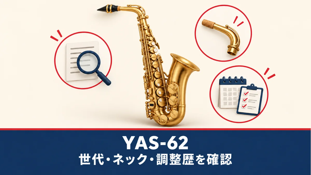 YAS-62の中古購入前に世代・ネック・調整歴を確認する、実物の形状や製造年代を示さない一般化したアルトサックスのイメージ図